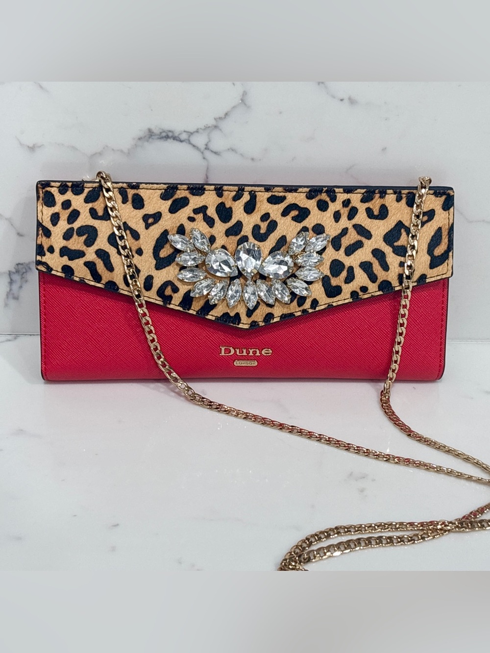 Dune London Jeweled Leopard Print Red Leather Crossbody Clutch Bag Wallet